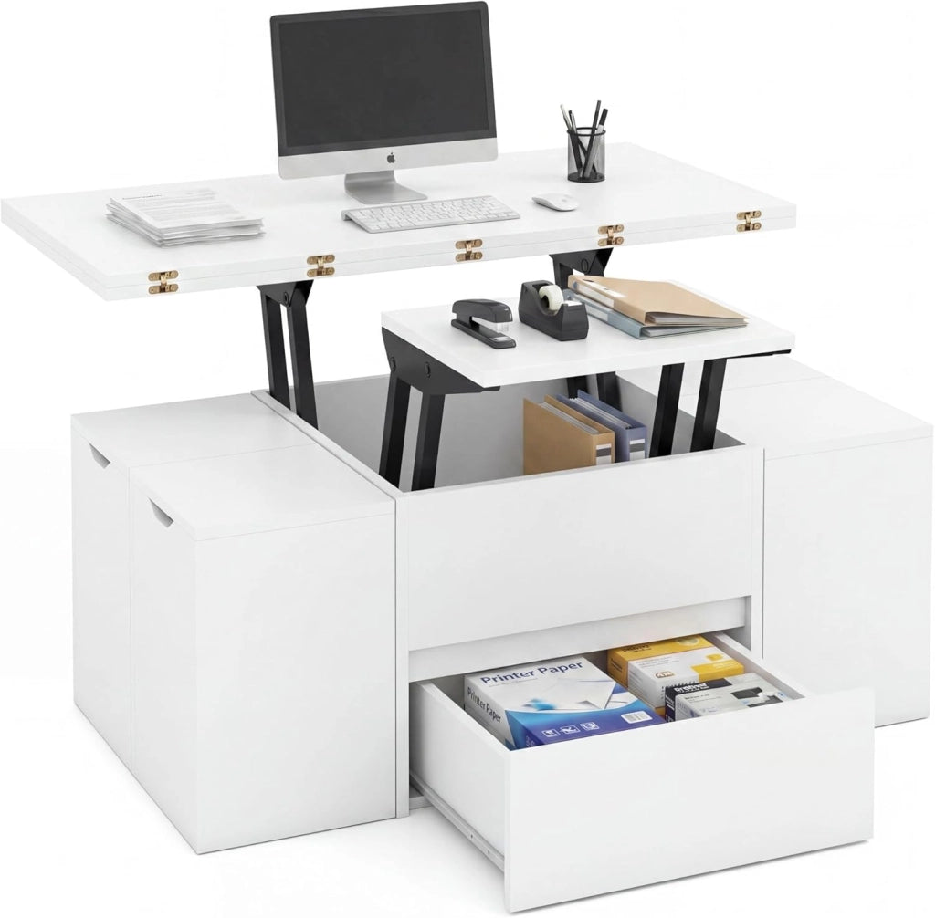 Tavolino da Caffè Sollevabile, Tavolini Salotto Moderno con 4 Sgabelli Ripiegabili, Vano Nascosto, 1 Cassetto, Carico 75 KG, Tavolo per Salotto, Ufficio, 100 X 100 X 62 CM (Bianco)