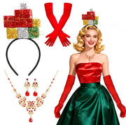 Accessori di costume di Natale 4 pezzi - Cintura di testa colorata - Collana luccicante - Orecchini - Guanti rossi lunghi - Ideali per feste e cosplay - Accessori di Natale