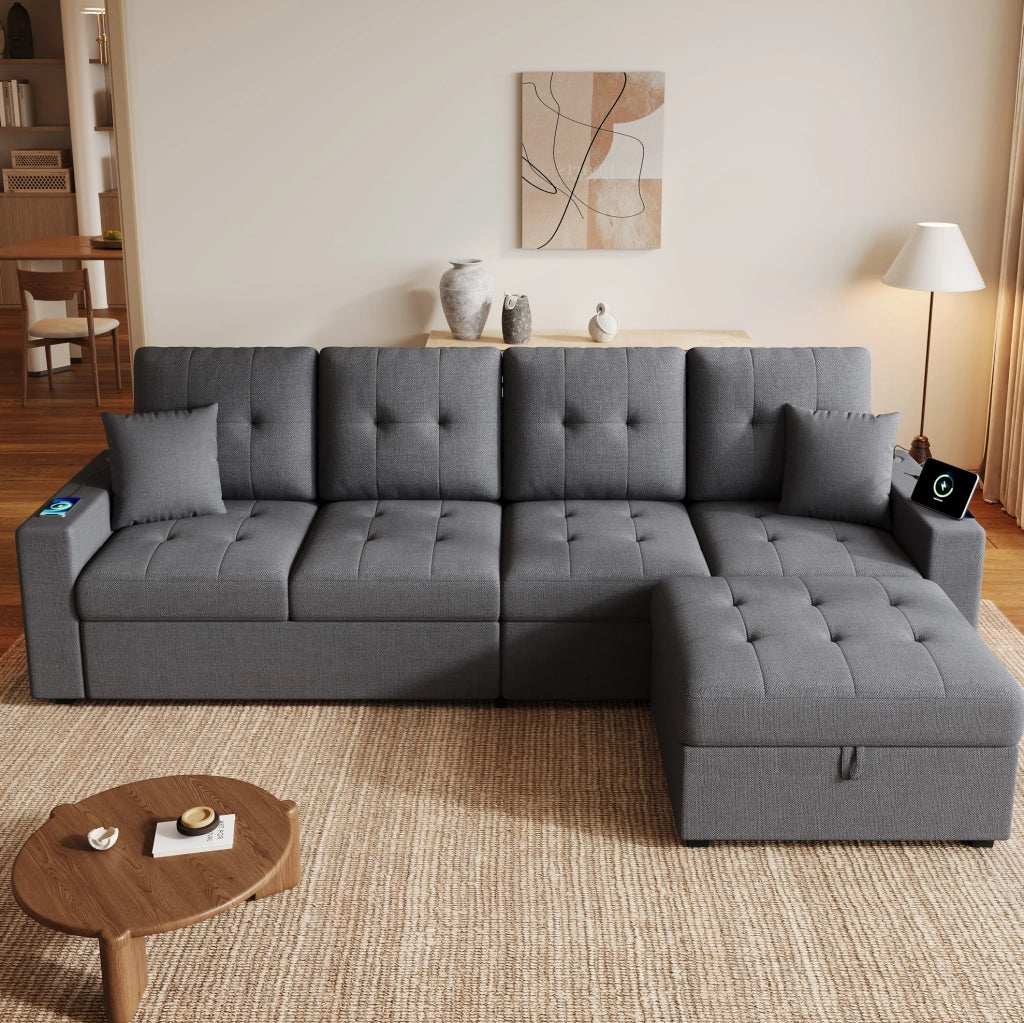 Divano modulare 4 posti con pouf contenitore, LED e porte USB/USB-C in tessuto di lino grigio antico