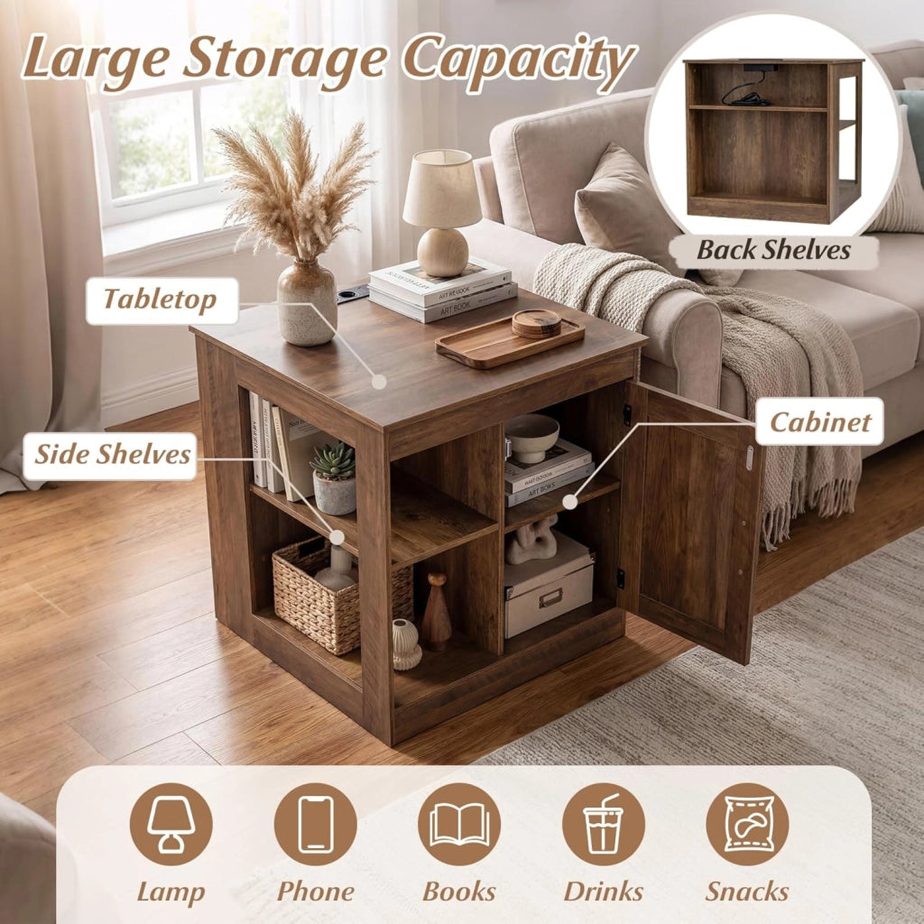 Tavolino ausiliario con stazione di ricarica, comodino con armadio e 2 ripiani aperti, ripiano inferiore regolabile, 60 x 60 x 61 cm, mobile organizer per soggiorno, camera da letto (rovere