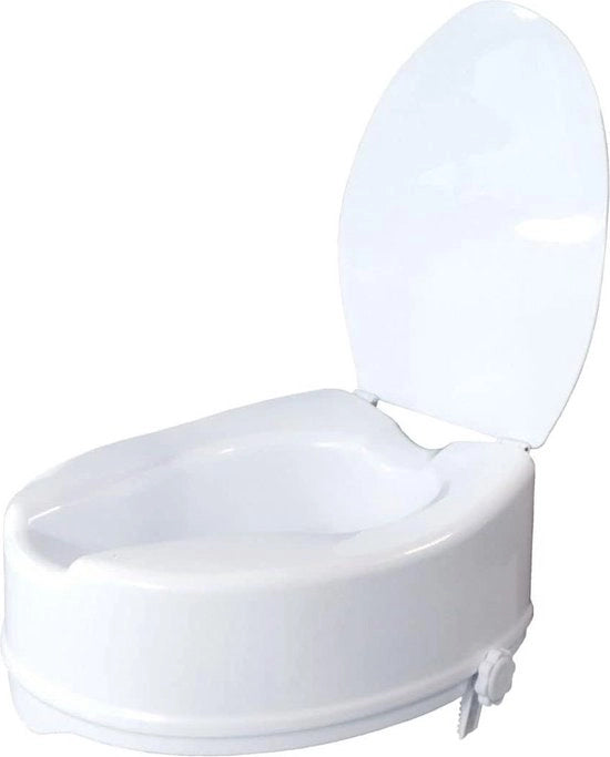 Aumentatore di toilette 14 cm Modello Titan Con coperchio Altezza regolabile Strumento per anziani e bagno - Toilette elevato/ wc Bianco Aumentatore di toilette