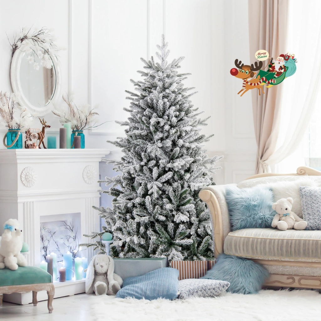 Albero di Natale artificiale rivestito di neve di 186cm, Albero decorativo con cerniera e 8 modalit¨¤ luminose
