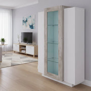 Vetrina moderna con anta a Ablaze, Made in Italy, Mobile vetrinetta da soggiorno, cm 80x38h121, Bianco lucido e Cemento
