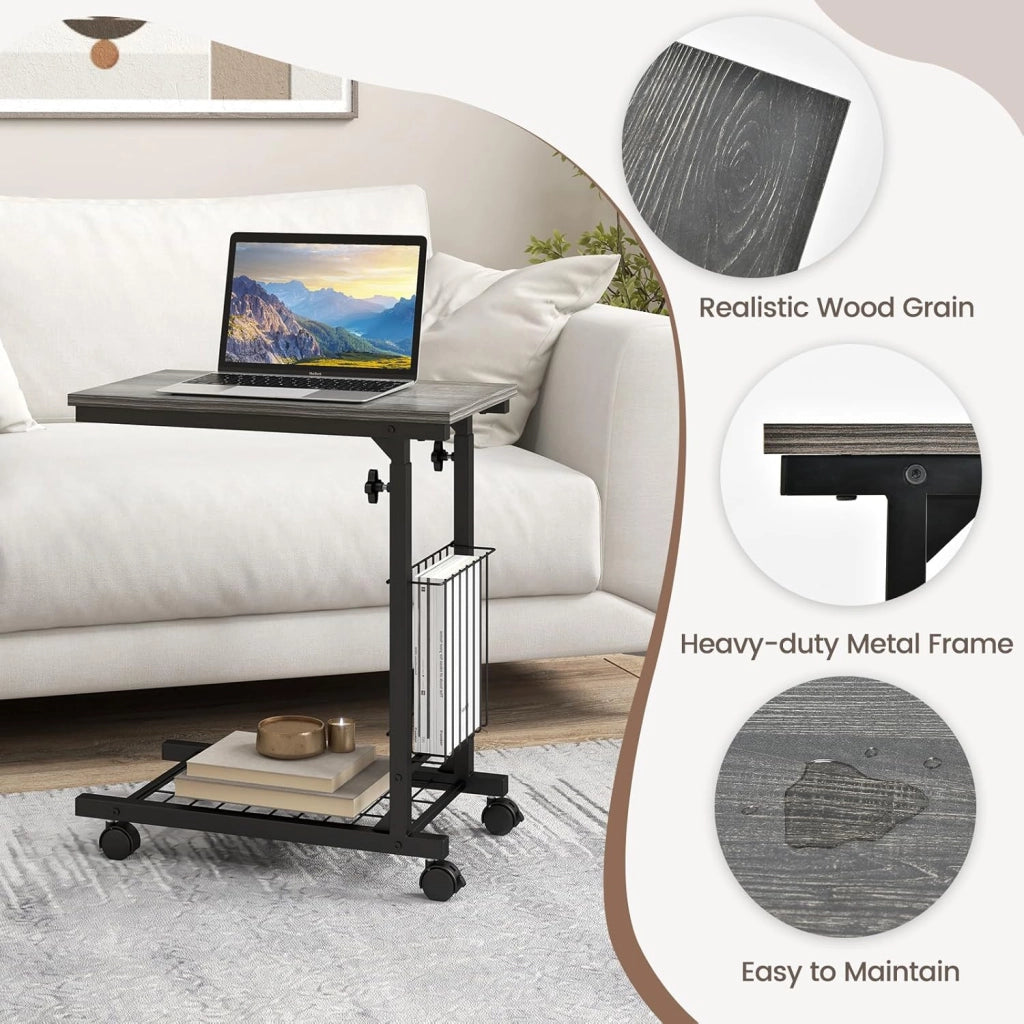 Tavolino a forma di C, divano con ruote, tavolo per computer portatile, regolabile in altezza, tavolino da caffè portatile, tavolino da caffè, tavolo da toeletta, design industriale con