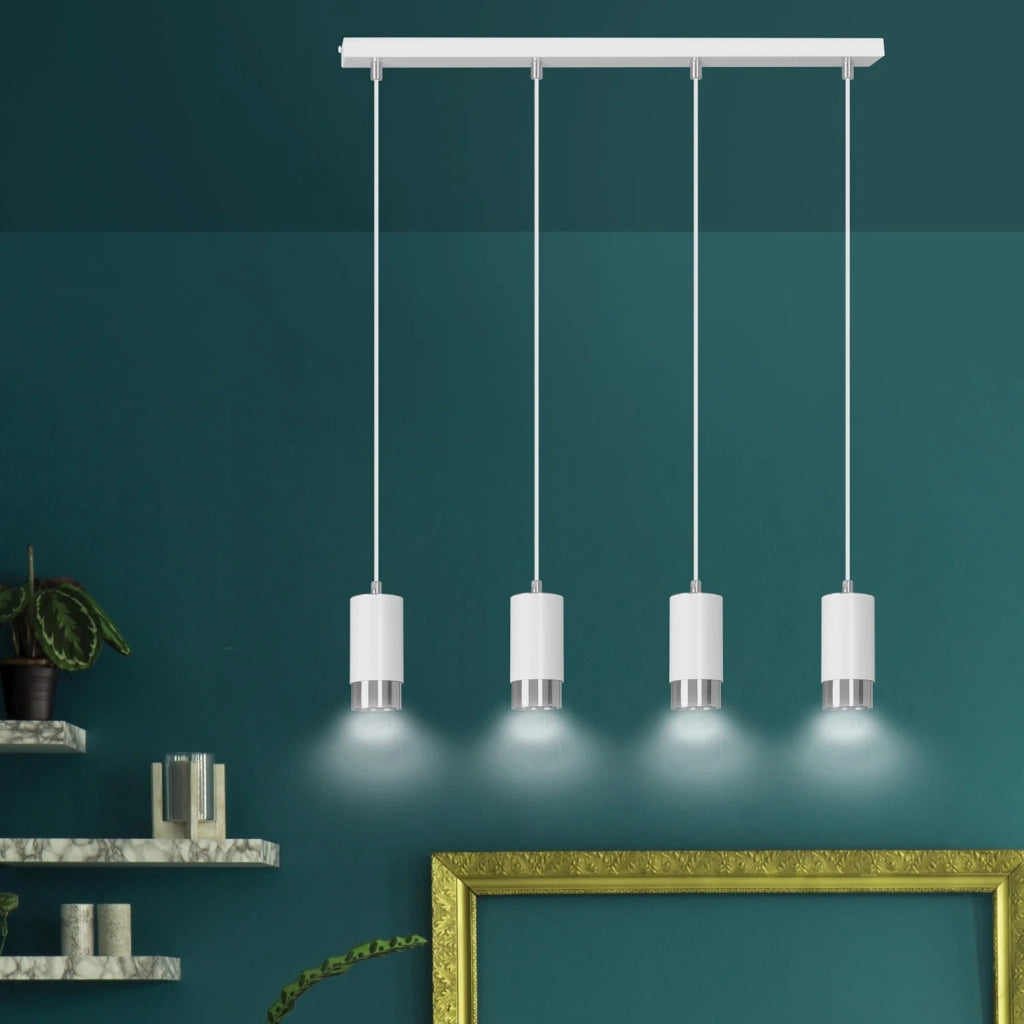 Lampadario 4 Luci Ivar Con Cilindri In Acciaio Bianco E Cromo