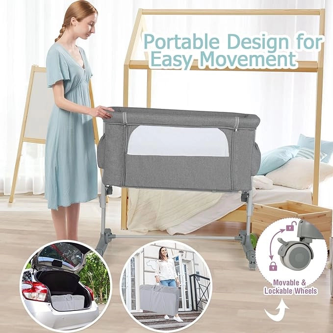 3 in 1 Lettino con Materasso Laterale Regolabile in 5 livelli, Culla per Neonato da Viaggio Mobile su Ruote con Tasca e Borsa per Trasporto (grigio chiaro)