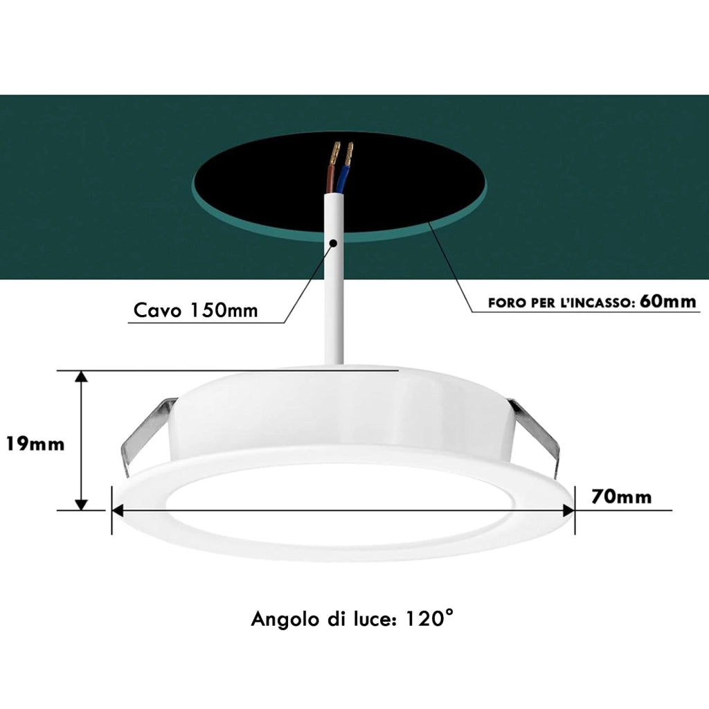 Faretto slim LED 3W bianco incasso 60mm diffusore opaco basso consumo luce moderna cappa cucina mensole mobili IP20 230V 4000K