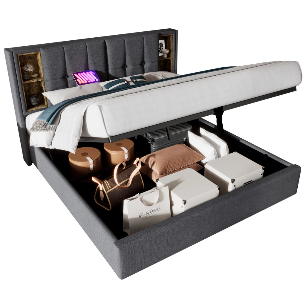 Letto matrimoniale imbottito 180x200 cm grigio con ricarica wireless; USB e contenitore