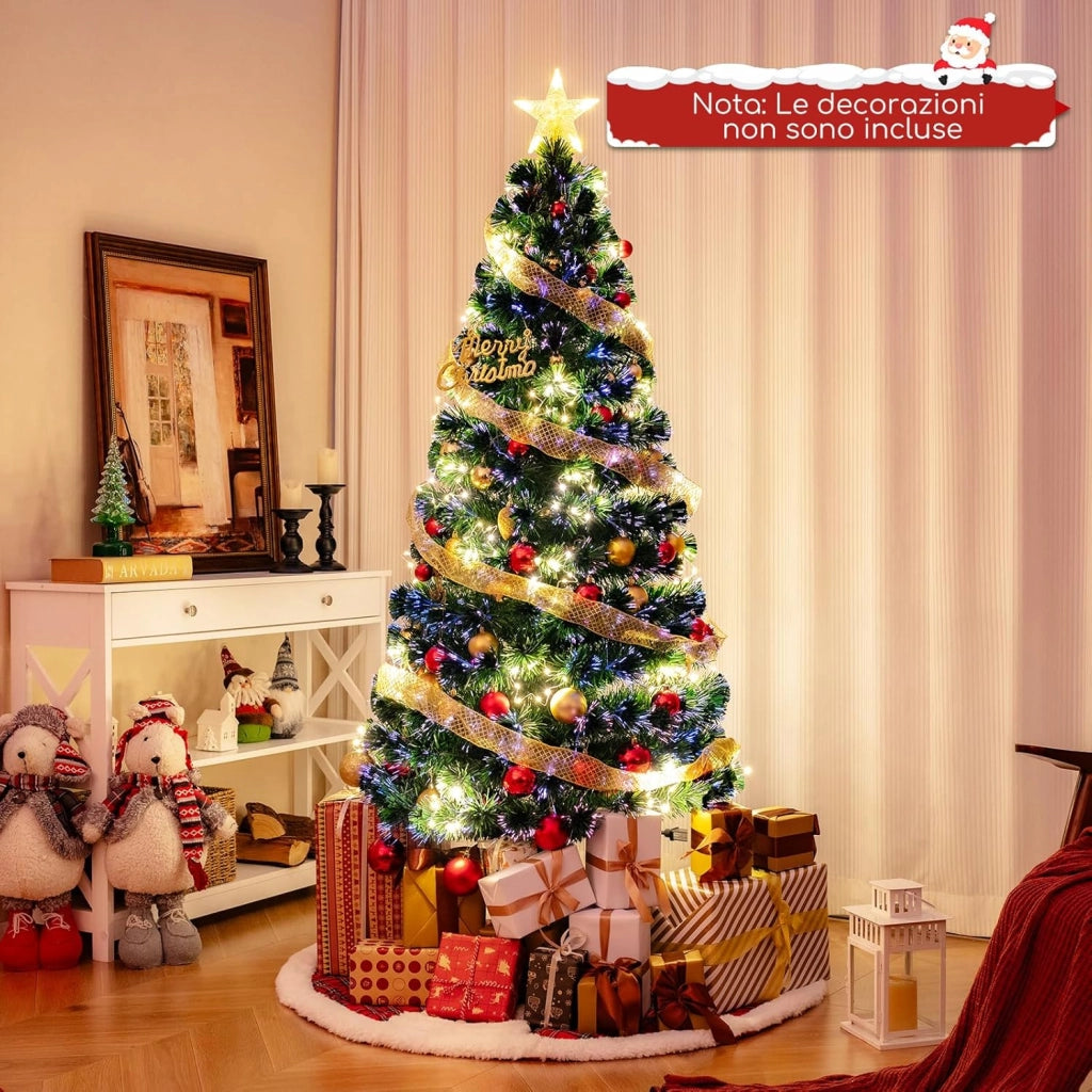 Albero di Natale in Fibra Ottica 150/180 cm, Albero di Natale Artificiale Pre-illuminato con 24/36 Luci a Stringa, Stella sulla Cima e 170/230 Punte dei Rami, Decorazione per Feste (180 CM)