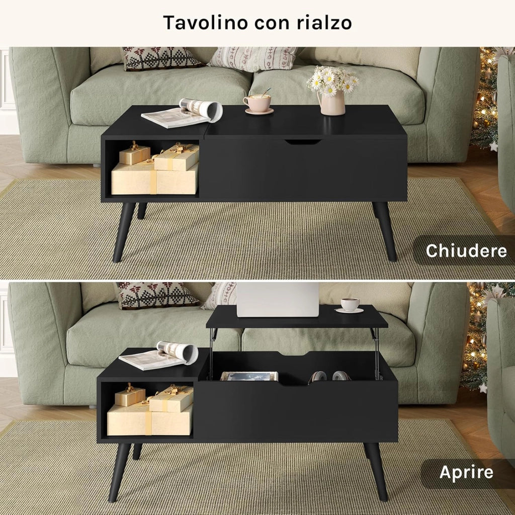 Tavolino da Caffè Sollevabile e Allungabile, Tavolo con Spazio Interno e Scomparto Aperto, Tavolino da Salotto per Soggiorno, 100x50x(43-57) cm, Nero, BTS26sz