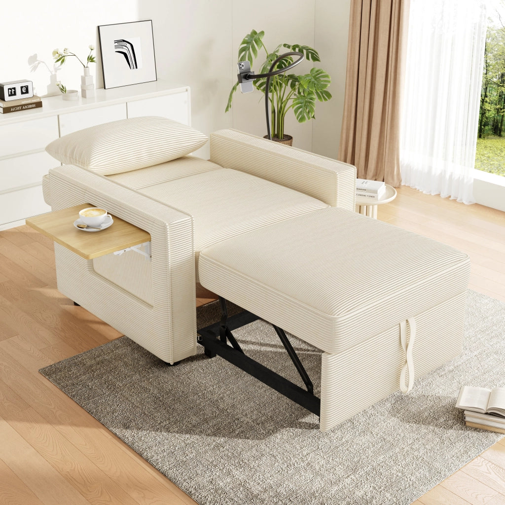 Divano letto 1 posto - con schienale regolabile; USB e porta smartphone - in tessuto a coste beige