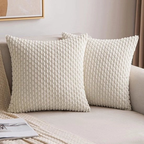 Cuscino Corduroy in Flanella - Decorativo e Sovrappensiero - Set da 2 - 45 x 45 cm - Bianco Crema