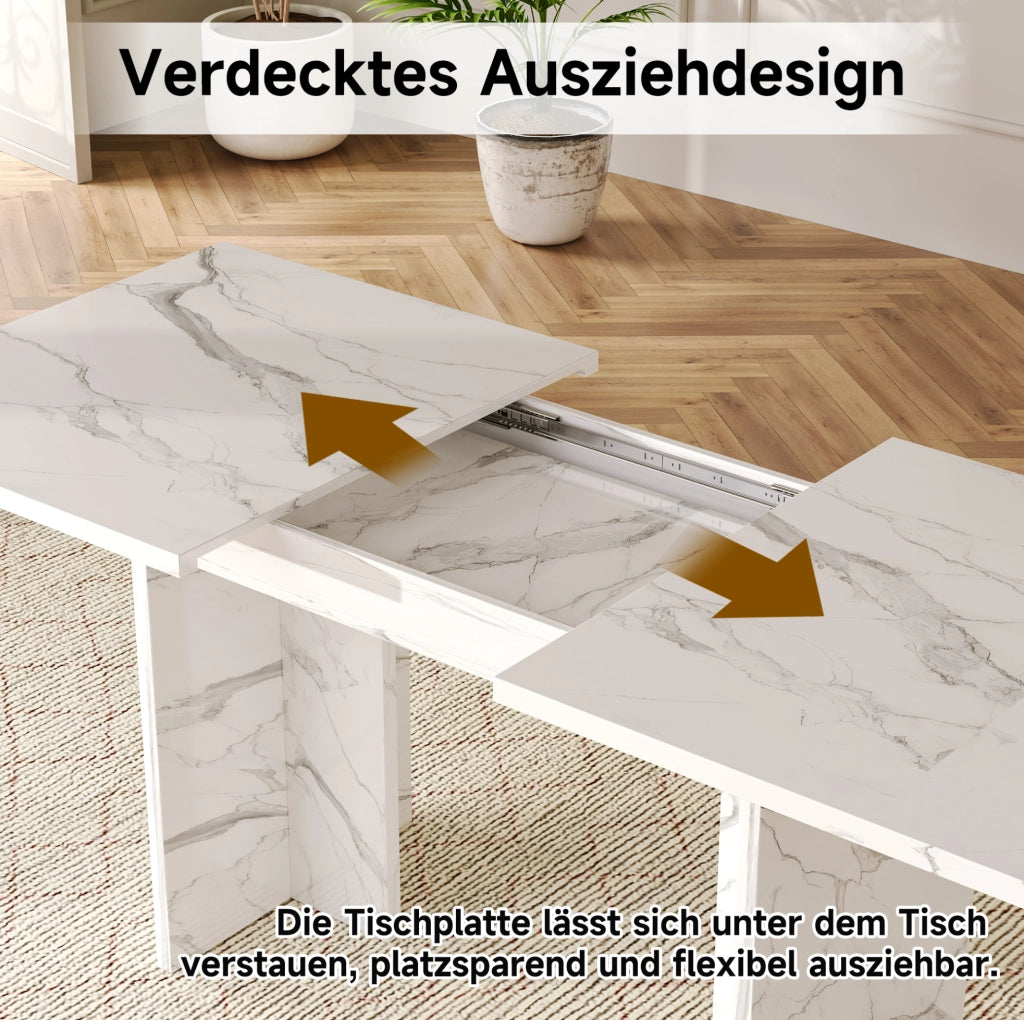 Tavolo da pranzo allungabile 140-180 cm; per 6-8 persone; MDF effetto marmo bianco