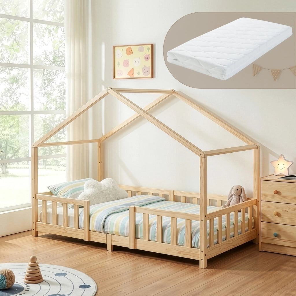 Letto per Cameretta Treviolo a Forma di Casetta in Stile Montessori con Materasso 90x200 cm - Color Naturale [en.casa]