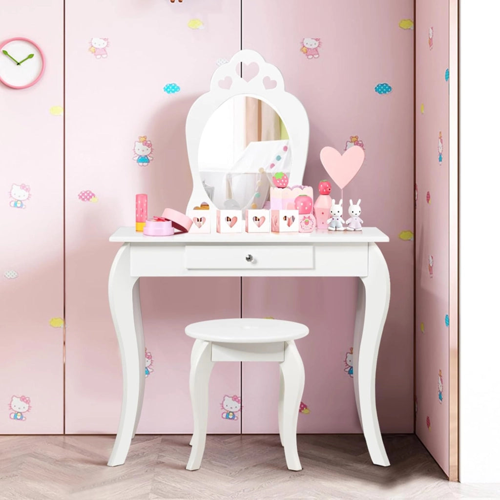 Toeletta Trucco per Bambina, Specchiera per Ragazzi in Legno Robusto, Postazione Trucco 2 in 1 con Cassetto, Sgabello e Specchio Staccabile, 70 x 34 x 105 cm (BIANCO)