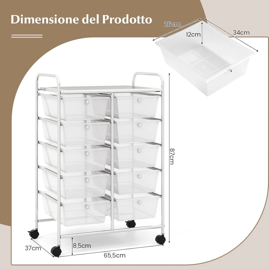 Carrello a 10 Cassetti con Ruote, Carrello di Stoccaggio con Stabilità Elevata, Carrello Multiuso per Casa Ufficio e Scuola, 65,5 x 37 x 87 cm (Trasparente)