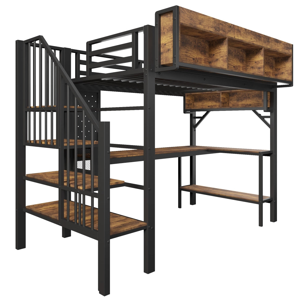 Letto a Soppalco con Scrivania e LED ¨C MINIMAL ¨C 90x200, Legno, Nero, Presa USB