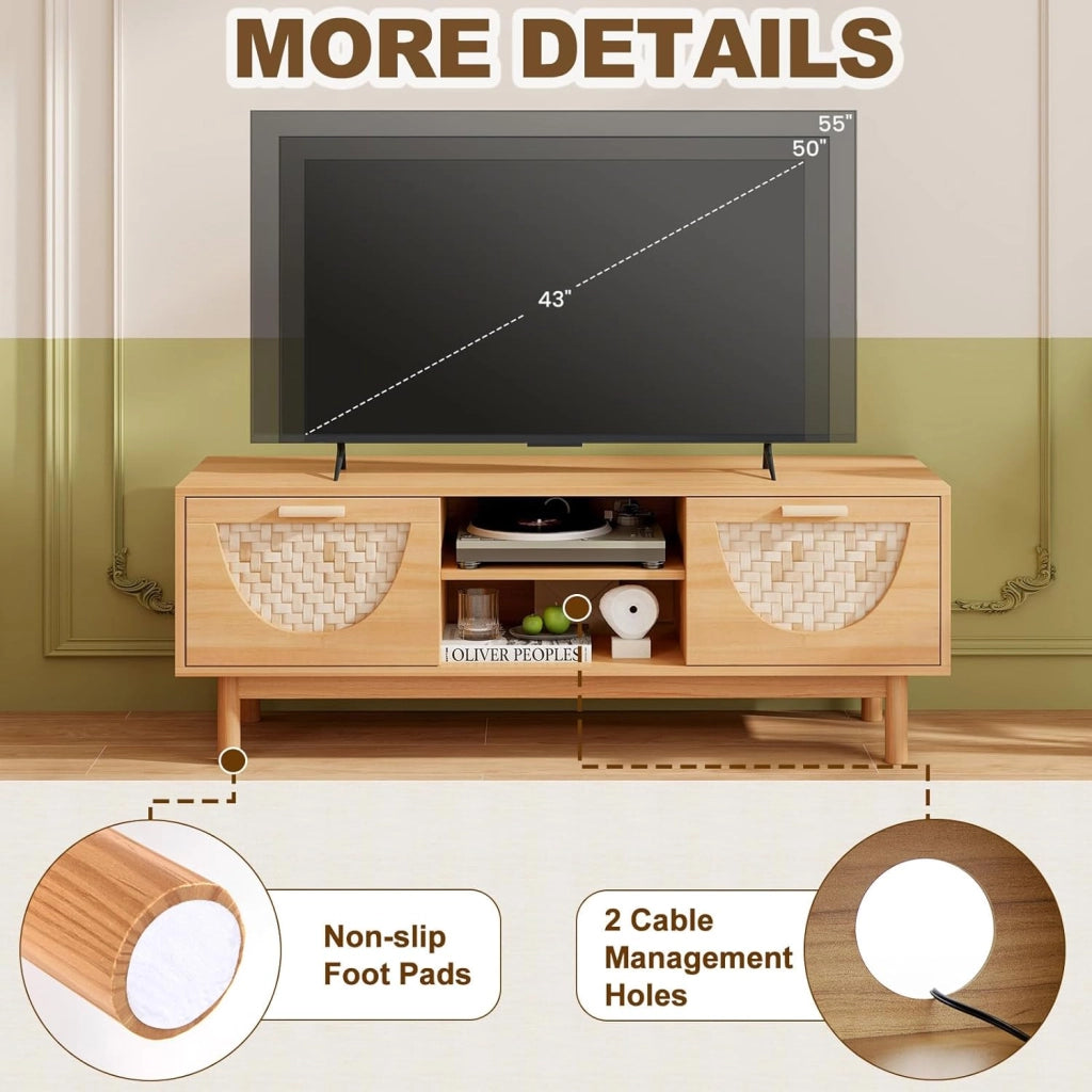 Mobile TV in legno per TV fino a 55", gambe in legno massello, panca TV con 2 cassetti e ripiano aperto a 2 livelli, stile Boemia, 120 x 35 x 45,5 cm, naturale