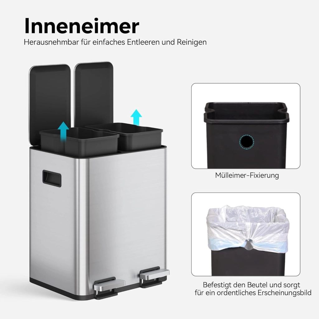 Bidone per rifiuti da cucina 30 litri a due camere ¨C zephmum ¨C in acciaio inossidabile con pedale