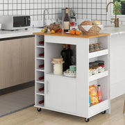 Carrello da cucina su rotelle, carrello da portata con piano di lavoro, isola da cucina mobile, in legno, con scaffale per vino e porta asciugamani e portaspezie, carrello da cucina bianco