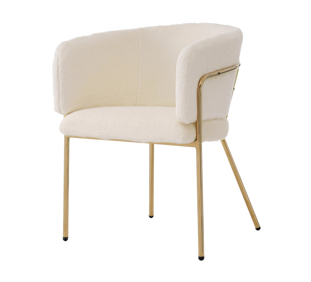 Sedia relax in stile leggero lusso, rivestimento in pelliccia sintetica bianca, struttura con gambe in metallo