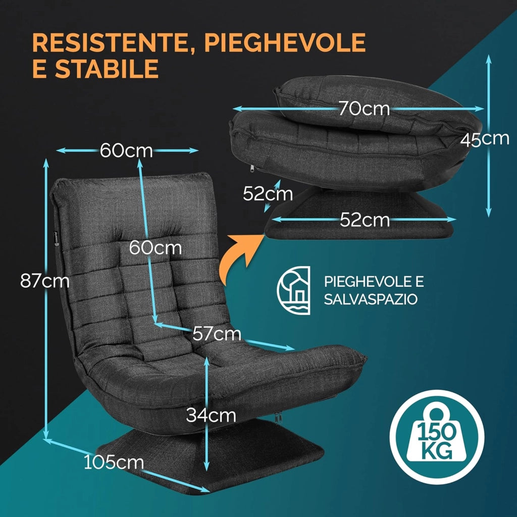 ® Poltrona Relax da Lettura con Schienale Regolabile 360° Pieghevole Portata 150kg 60x105x87cm Sedia da Pavimento Imbottita Salotto Gaming