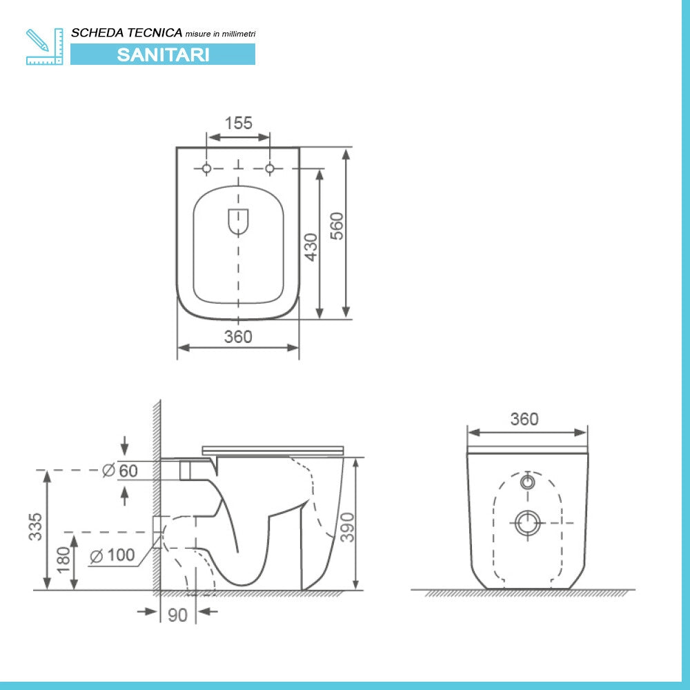 Sanitari filo muro in ceramica bianca lucida con copriwc e scarico tornado design arrotondato Kora
