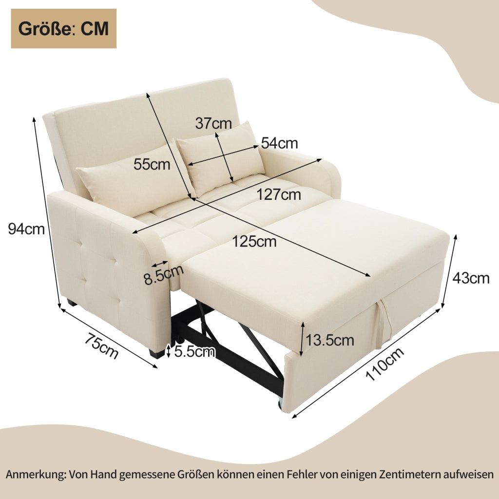 Divano Letto 2 Posti con Schienale Regolabile in 3 Posizioni e 2 Cuscini, Schiuma Beige 127 × 75 × 94 cm