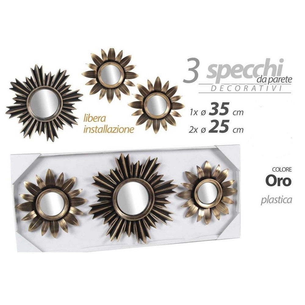Trade Shop - Set 3 Specchi Parete Decorativi Oro 25/35cm Plastica Libera Installazione 823893 -