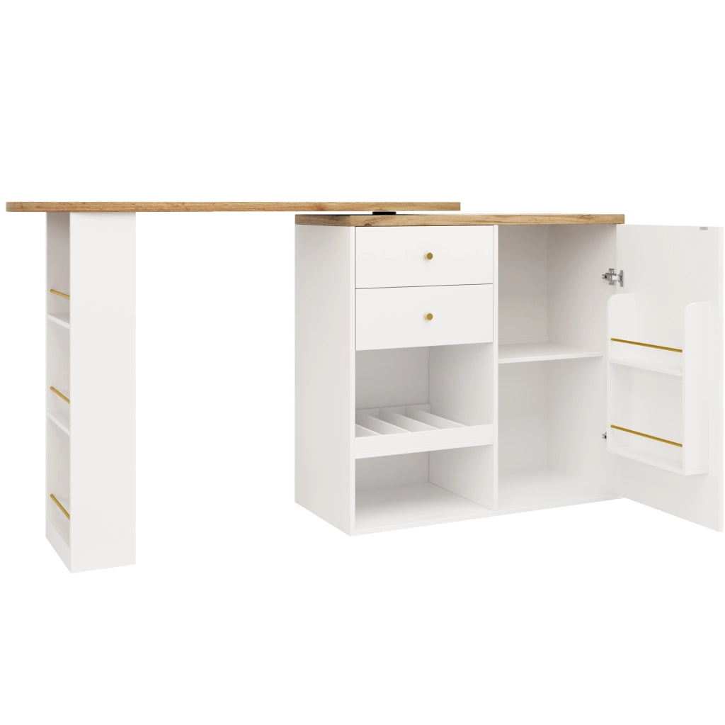 Mobile girevole in MDF bianco con ripiani laterali rotanti e cassetti