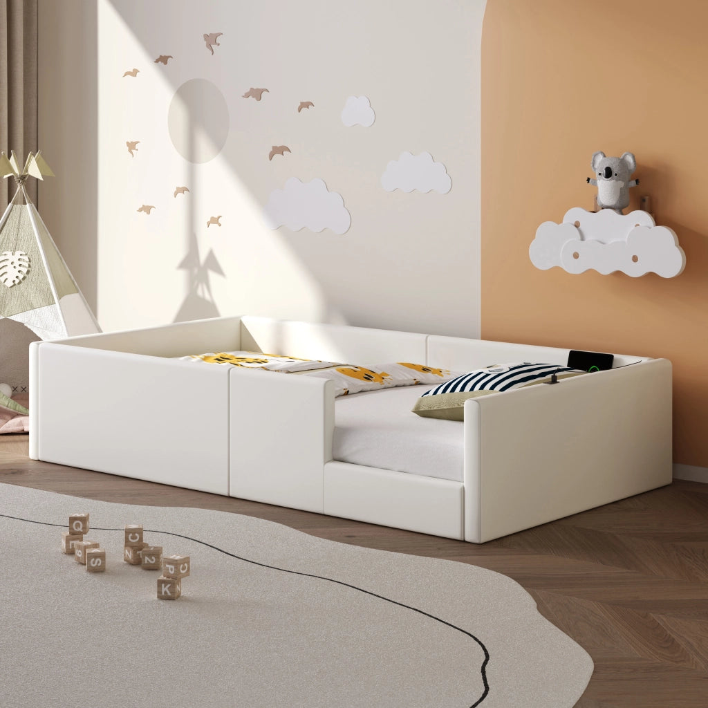 Letto Imbottito con Sponda e Stazione di Ricarica ¨C MINIMAL ¨C Bianco 90x200