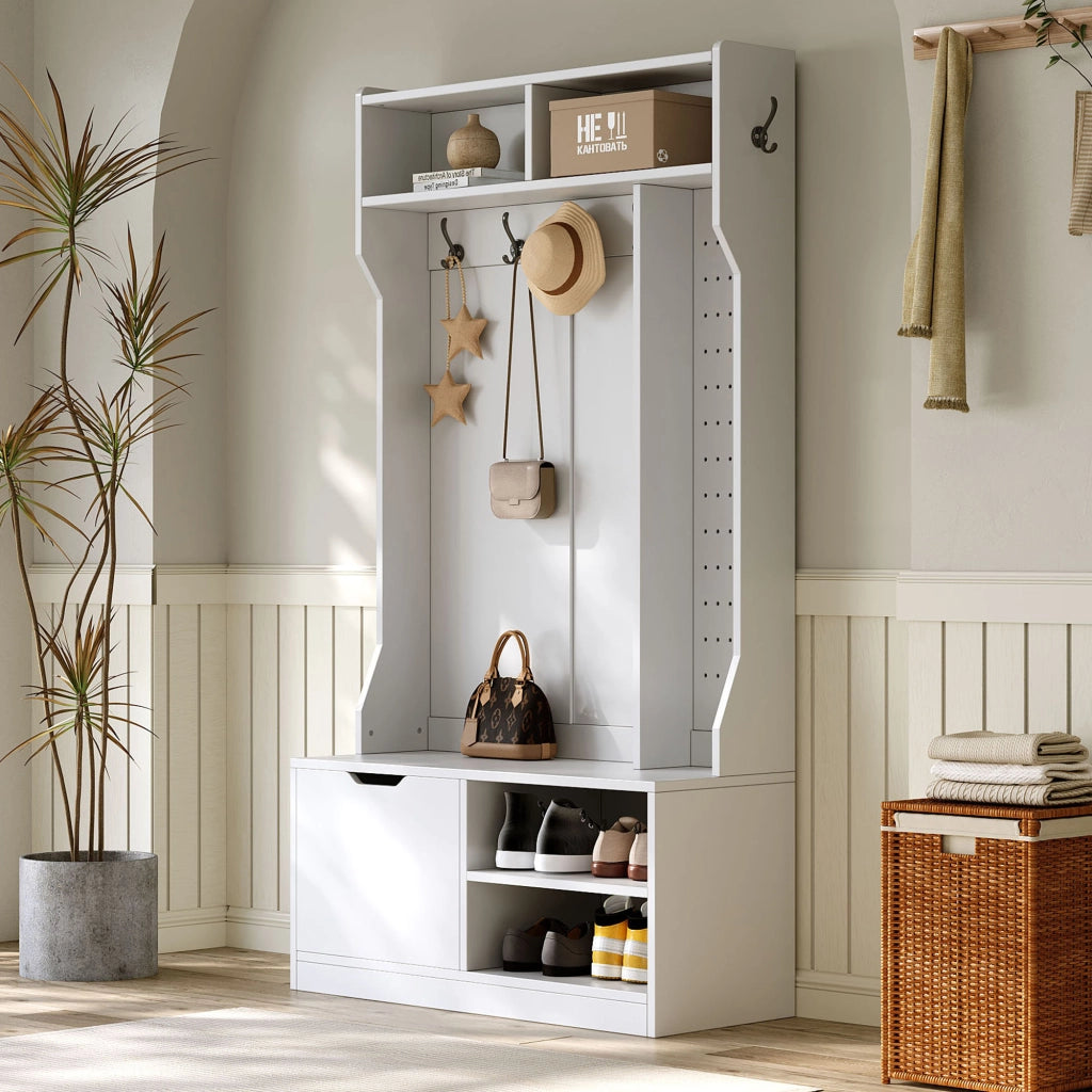 OKWISH Mobile da Ingresso con Panca, 6 Ganci, Vani Aperti e Scarpiera Ribaltabile, Bianco, 100 x 40 x 185.5 cm