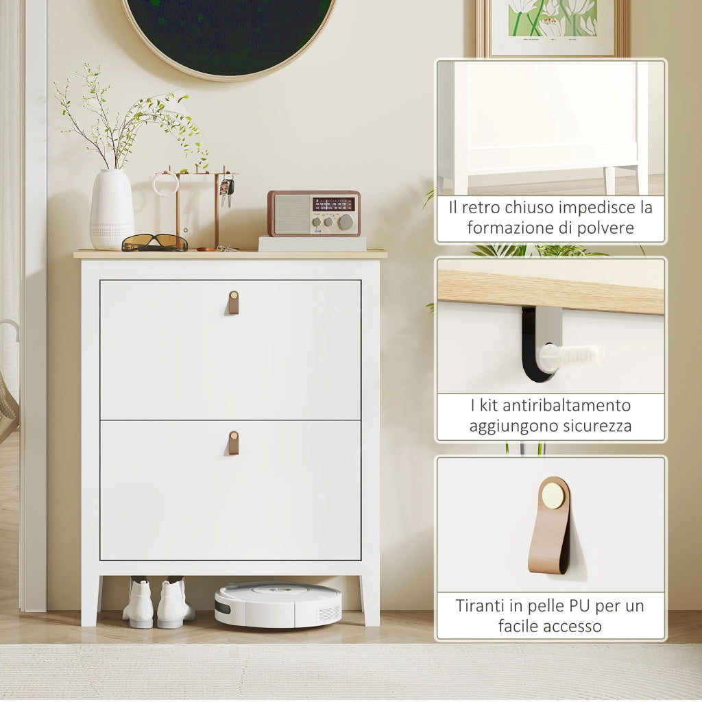 Scarpiera Slim per 14 Paia di Scarpe 80x24x95,5cm 2 Cassetti Bianco