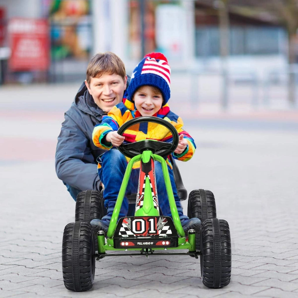 Go Kart a Pedali per Bambini, Macchina per Bambini con Sedili Regolabili in 2 Posizioni e 4 Ruote Antisdrucciolo, Trazione Anteriore e Posteriore, Carico 30 kg, per Bambini di 3 Anni + (Verde)