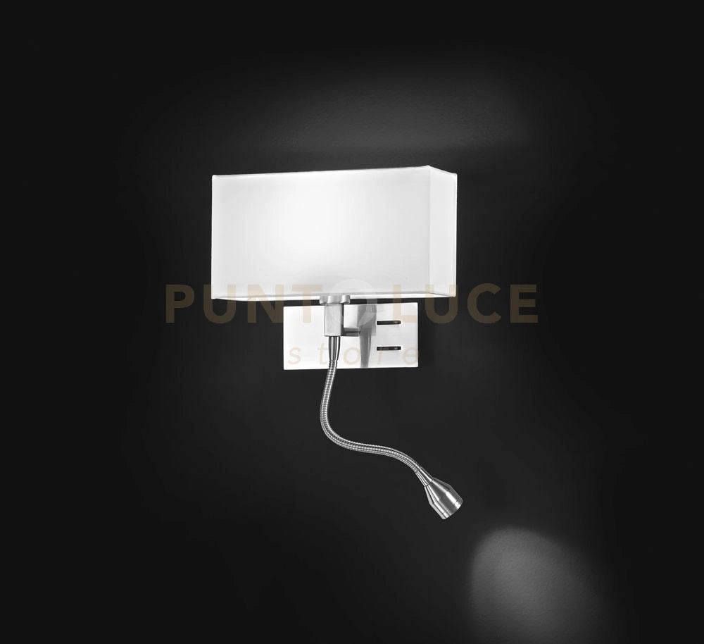 Applique cromo spazzolato paralume tessuto bianco 1 luce attcco E14 + LED 1W 3000K 90LM CRI?80 Para hotel Doppio interruttore on/off sulla base (destra)