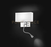 Applique cromo spazzolato paralume tessuto bianco 1 luce attcco E14 + LED 1W 3000K 90LM CRI?80 Para hotel Doppio interruttore on/off sulla base (destra)