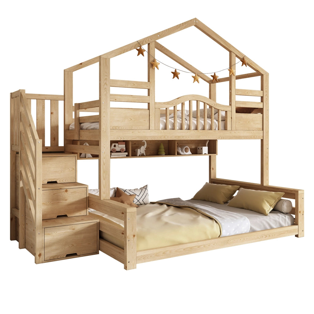 Letto a castello per bambini con scala contenitore, 90x200 e 140x200 cm, colore naturale