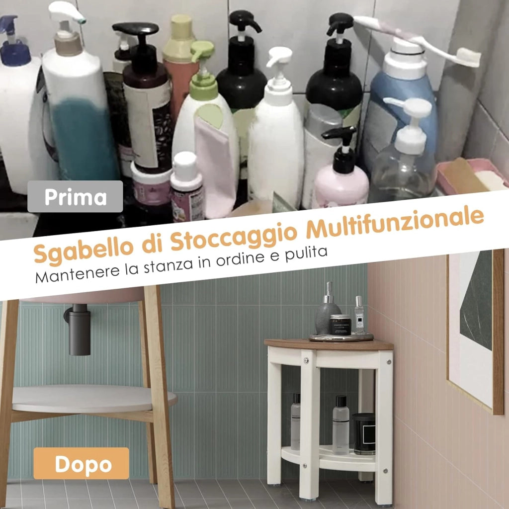 Sgabello Doccia, Sedia da Bagno Angolare in Polietilene con Ripiano, Sedile Multiuso a 2 Livelli per Uso Interno o Esterno, 32,5x32,5x43,5 cm, Capacità di Peso 150 kg (Marrone)