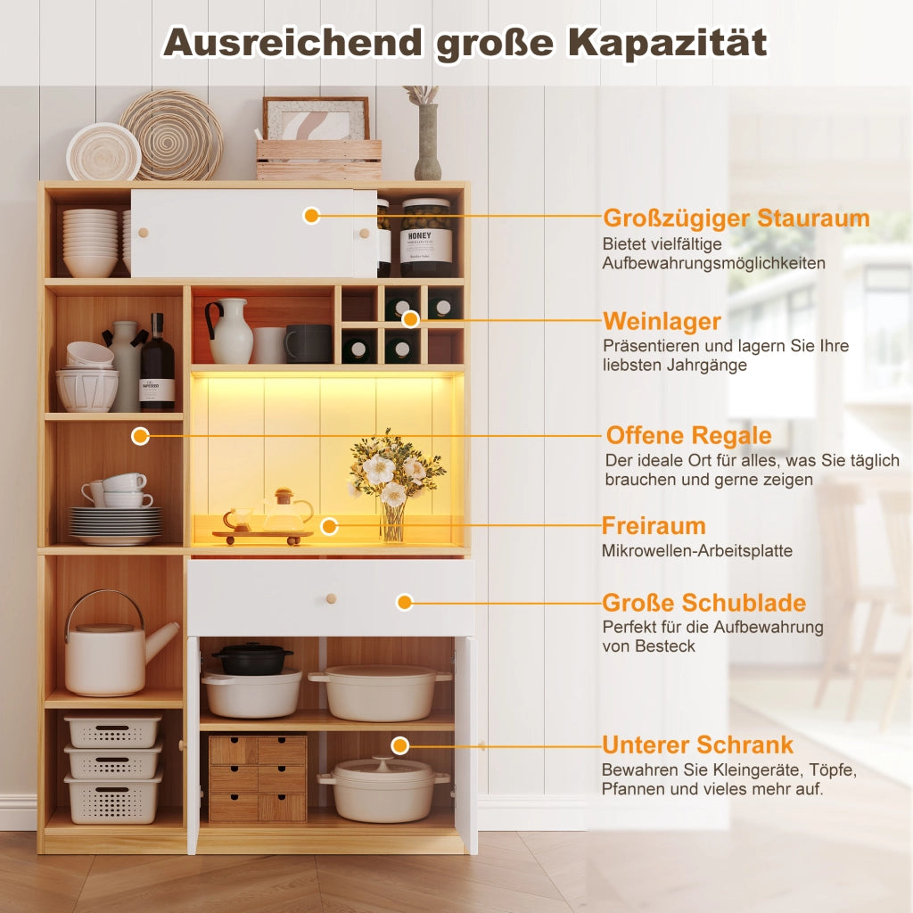 Dispensa alta con LED e ripiani aperti in pannelli di particelle bianco e naturale per cucina 115 × 35 × 180 cm