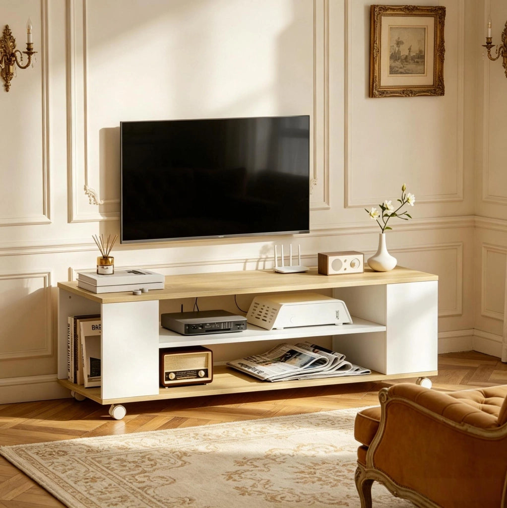 Mobile TV con ruote o montaggio a parete, 120 cm, bianco/naturale