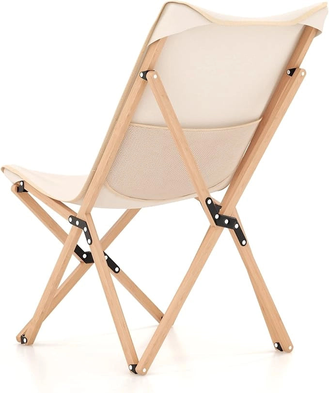 Set di 2 Sedie da Campeggio a Farfalla Pieghevole, con Borsa per il Trasporto, Sedia da Giardino in Bambù con Tasca Portaoggetti, Capacità di 150 KG, per Campeggio Pesca Picnic (Beige)