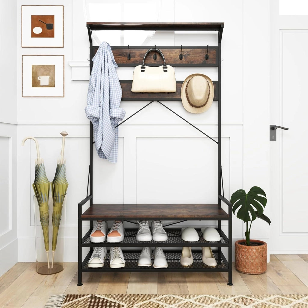 4 in 1 Appendiabiti da Ingresso, Armadio con Panca per Scarpe Scarpiera a 2 Ripiani, Struttura in Metallo e Kit Antivibrazione, 102 x 40 x 184 cm (Marrone)