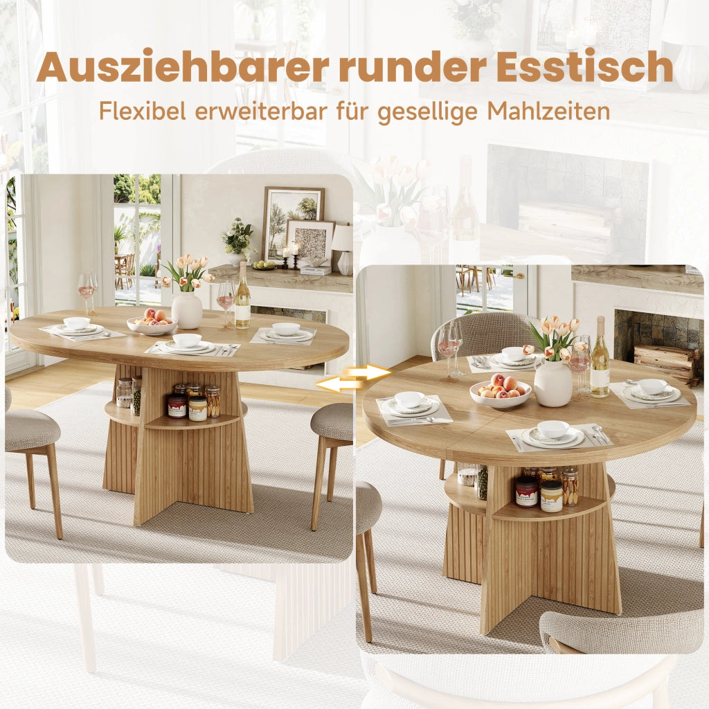 Tavolo da pranzo rotondo allungabile con piano estensibile e ripiano interno per cucina e sala da pranzo in MDF naturale