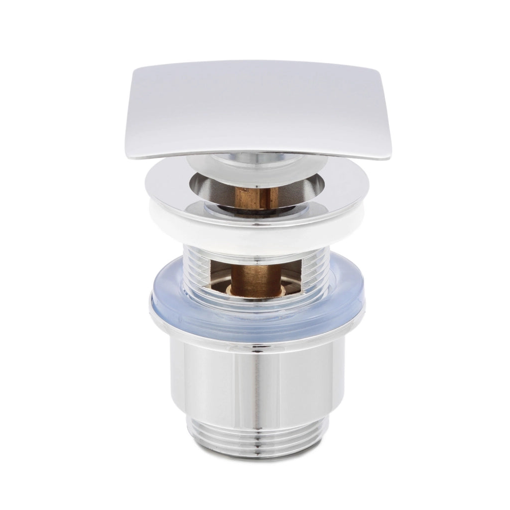 Piletta di scarico click-clack universale per lavabo e bidet con troppo pieno in ottone cromato e cover quadrata | Kariba