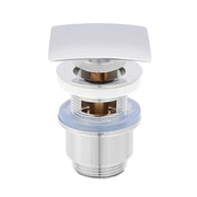 Piletta di scarico click-clack universale per lavabo e bidet con troppo pieno in ottone cromato e cover quadrata | Kariba