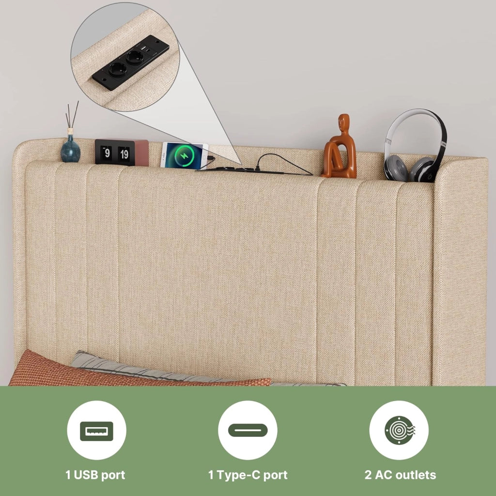 Letto singolo imbottito,PiattaformaStruttura letto,90 x 200CM,con luce LED(2 Prese CA 2 Porte USB),con Testiera,Per le camere degli ospiti e le camere da letto,Beige