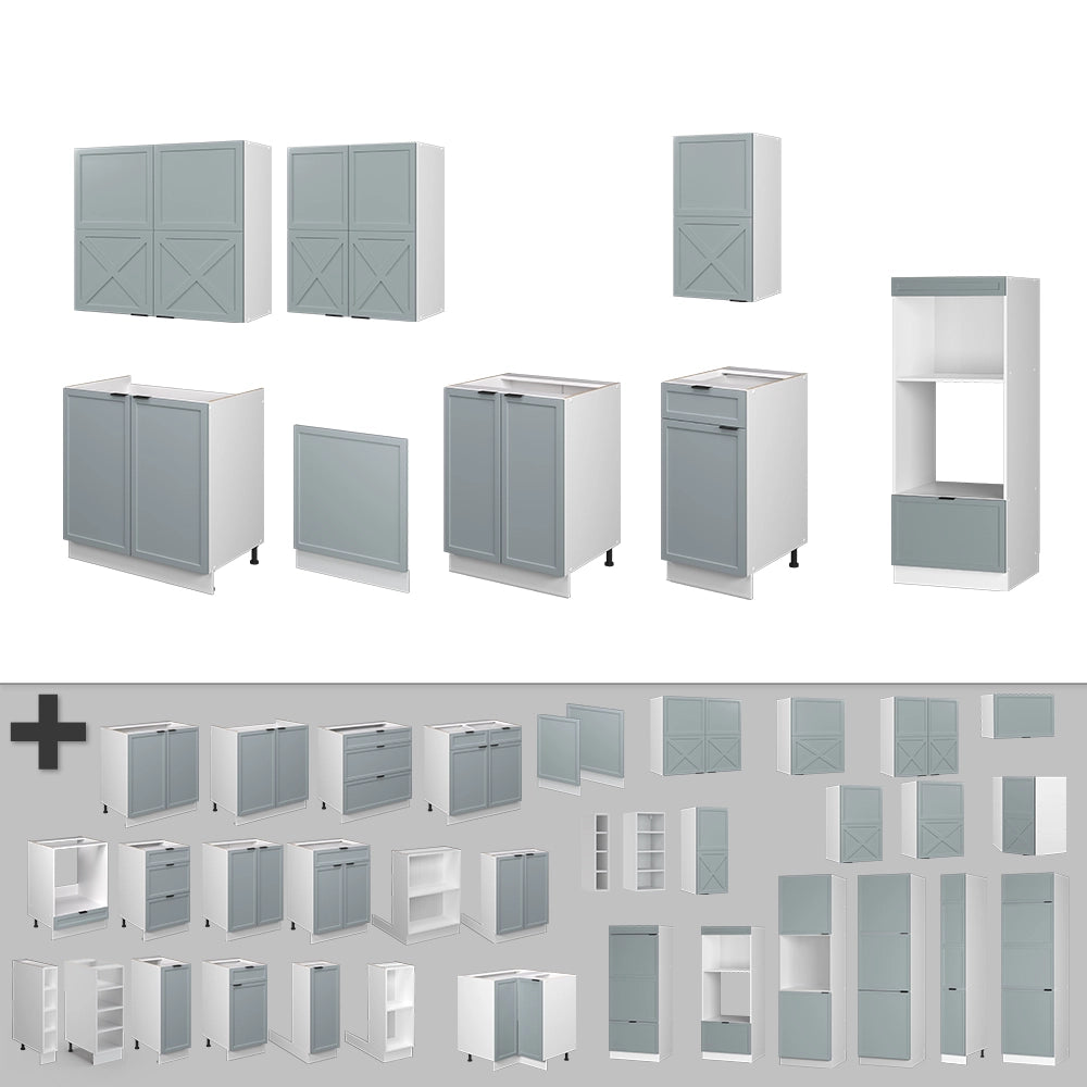 Vicco Cucina componibile Blu-grigio chiaro/bianco 300 cm con armadio alto, PL Rovere