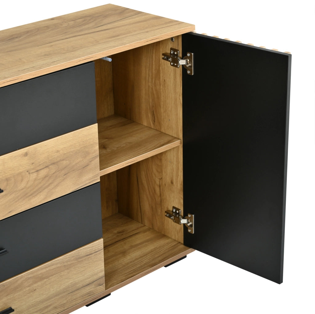 Credenza 140x35x70 cm con 4 cassetti e 2 ante in MDF nero e rovere HOMVRA