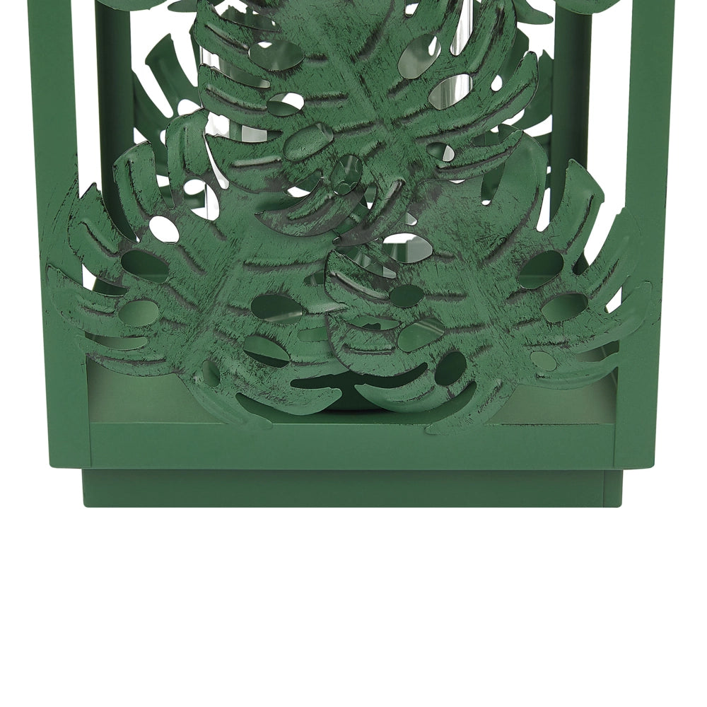 Lanterna Verde Metallo 25 cm Portacandele in Vetro Foglie di Monstera Decorazione Boho