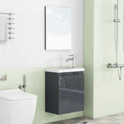 Mobiletto da bagno a parete da 40 cm, grigio lucido, con lavabo in ceramica e specchio, senza maniglie, cerniere con chiusura ammortizzata,
